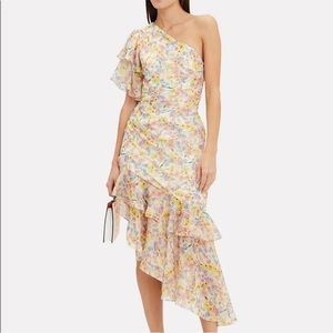 Amur Clayton Floral Printed One Shoulder Ruched Ruffle Asymmetric Midi Dress Sz